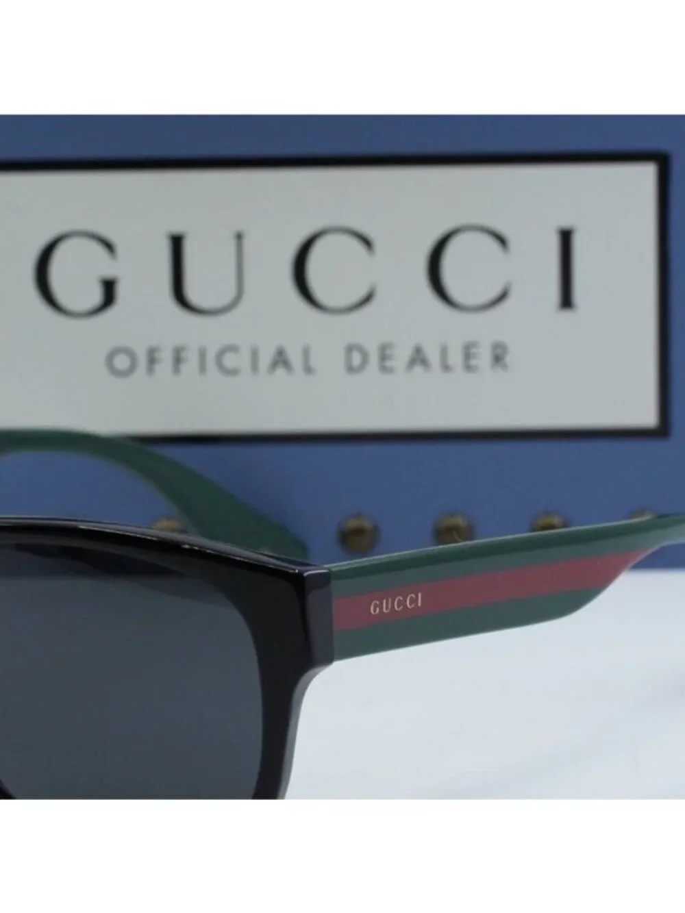 Gucci GG0341S 001 Square Sunglasses - Black and Green with Red Stripe\Grey